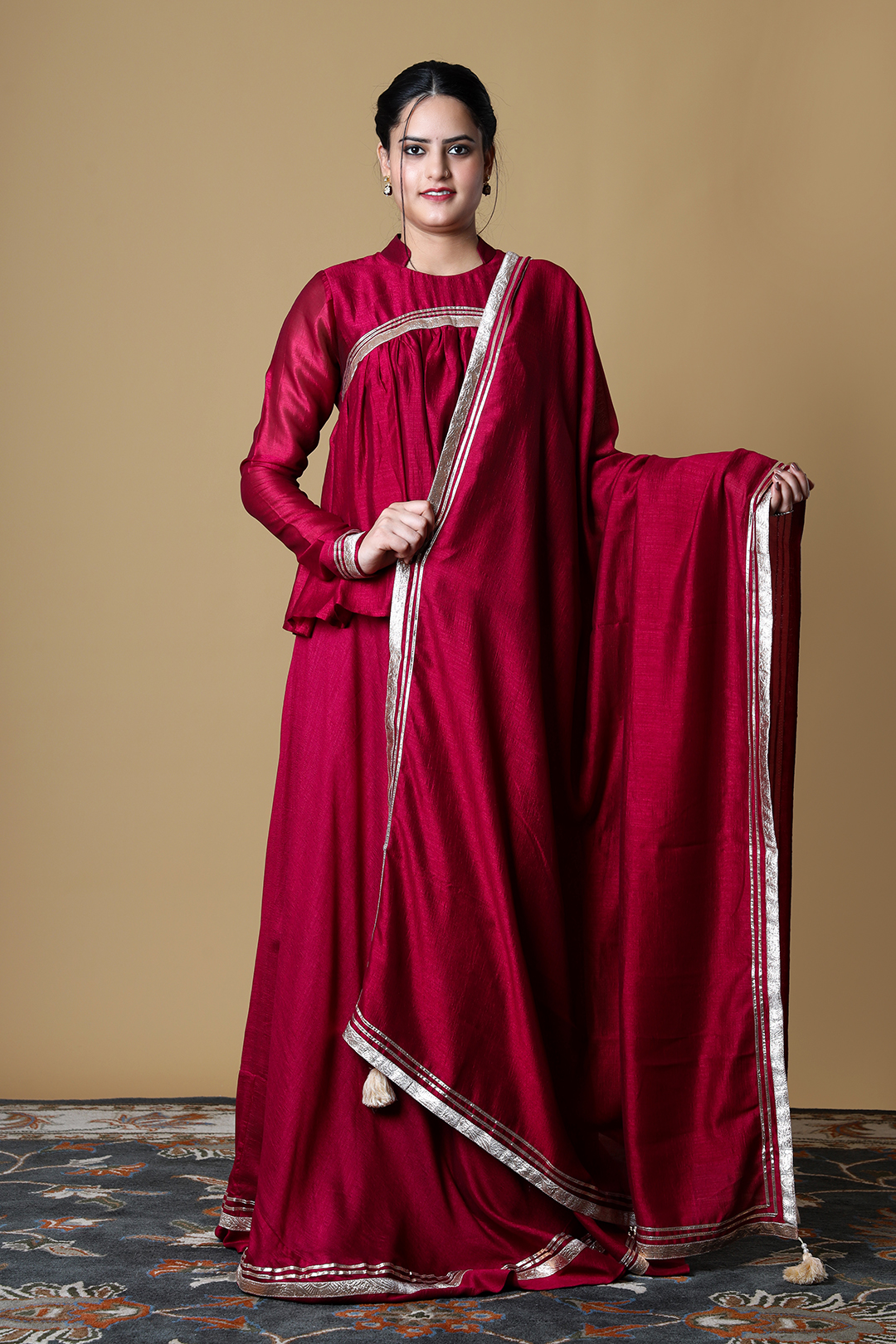 Vglame Burgundy V Silk Yoke Gathered Kurti Set with Gota Work