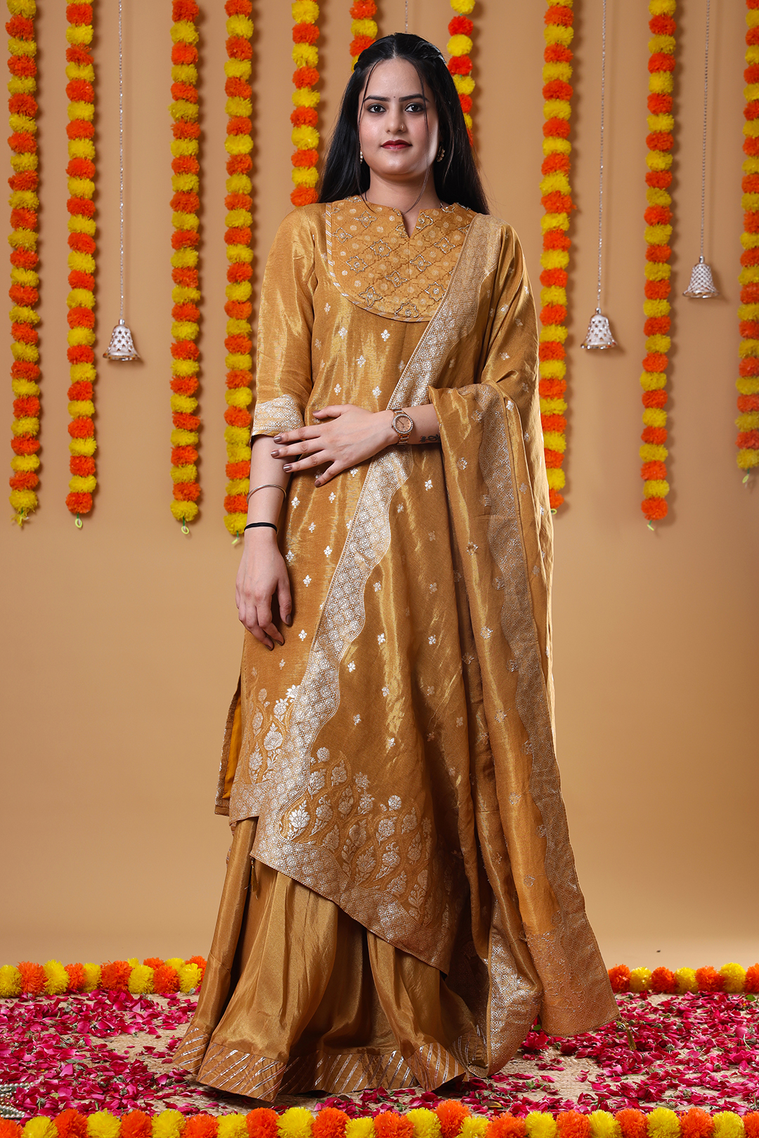 Vglame Golden Glamour Viscose Kurta Set with Hand Work & Gota Lehenga