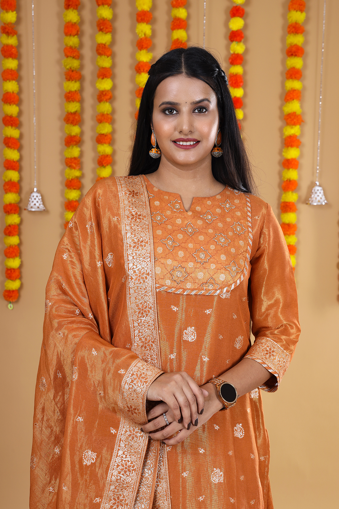 Vglame Rust Orange Glamour Viscose Kurta Set with Hand Work & Gota Lehenga