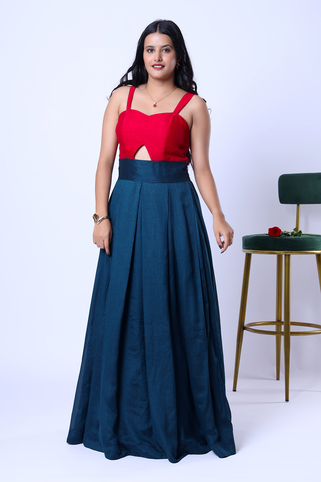 V Silk Double Color One-Piece Dress – Pink & Blue by V Glame