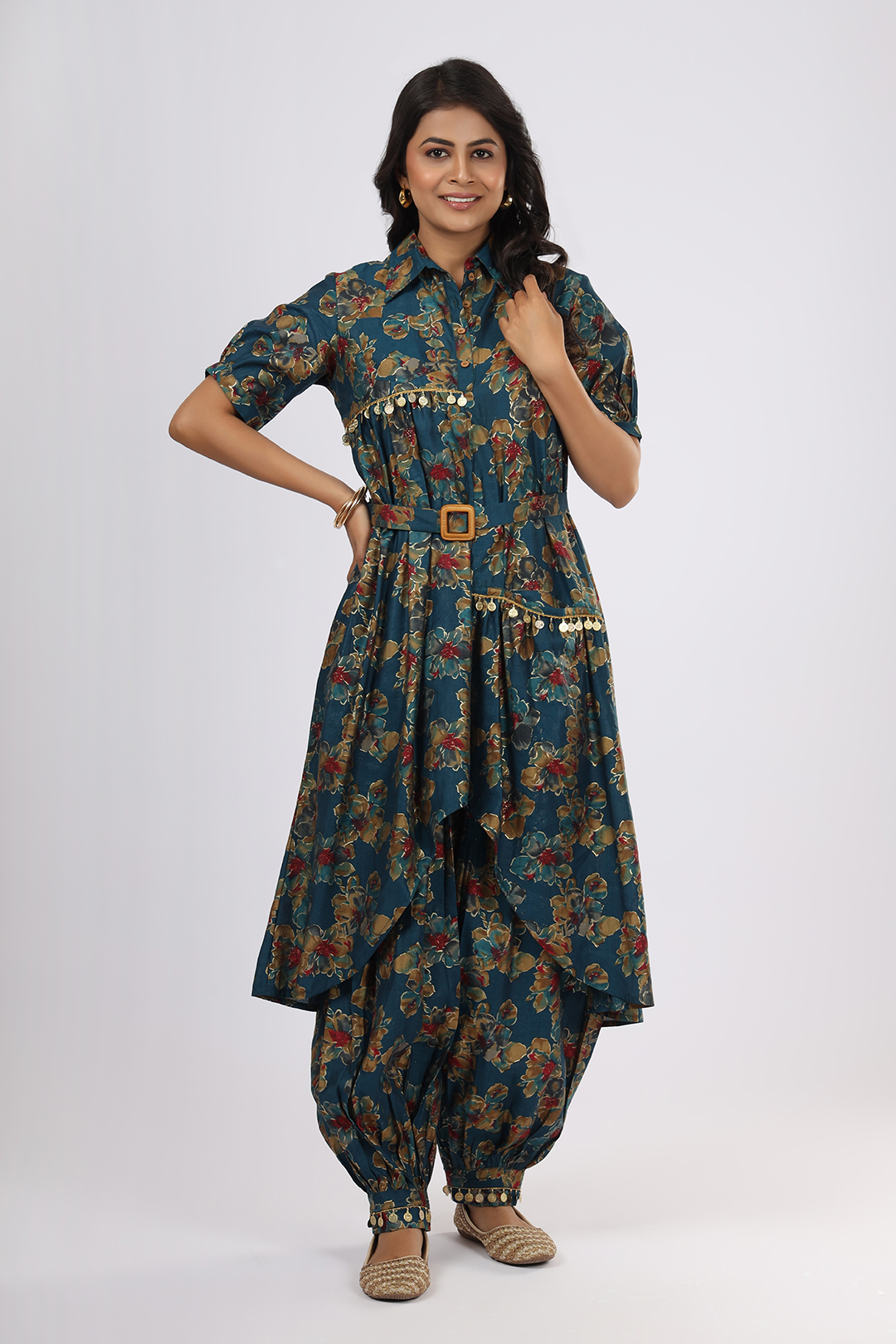 Teal Blue  Chanderi Silk Traditional Pathani Co-Ord Set for Women | V Glame