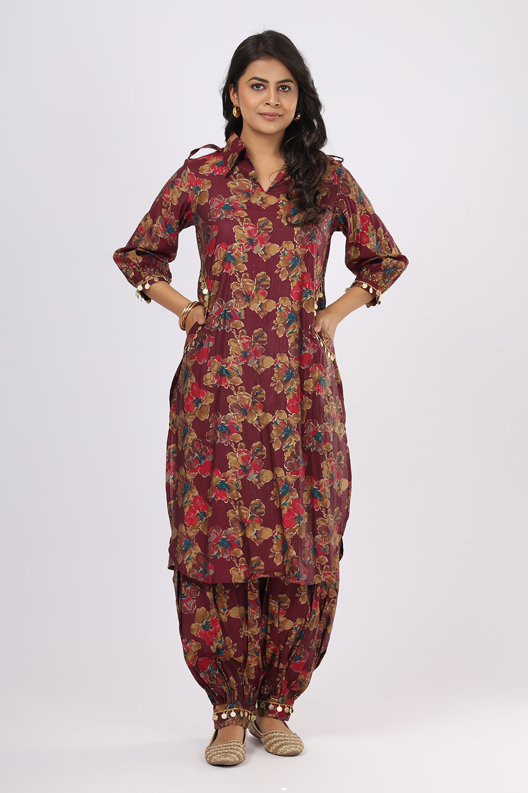 Burgundy Chanderi Silk Traditional Pathani Co-Ord Set for Women | V Glame