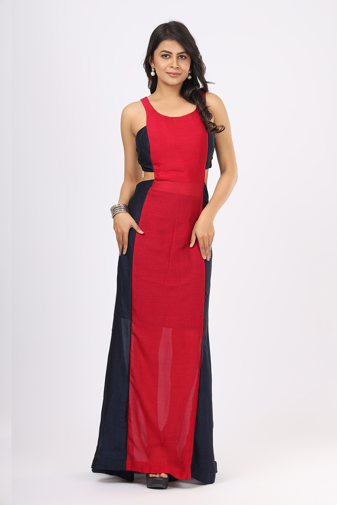 VGlame Women’s Double-Color Western Dress – Berry Blue & Crimson Pink | Stylish One-Piece with Back String Pattern