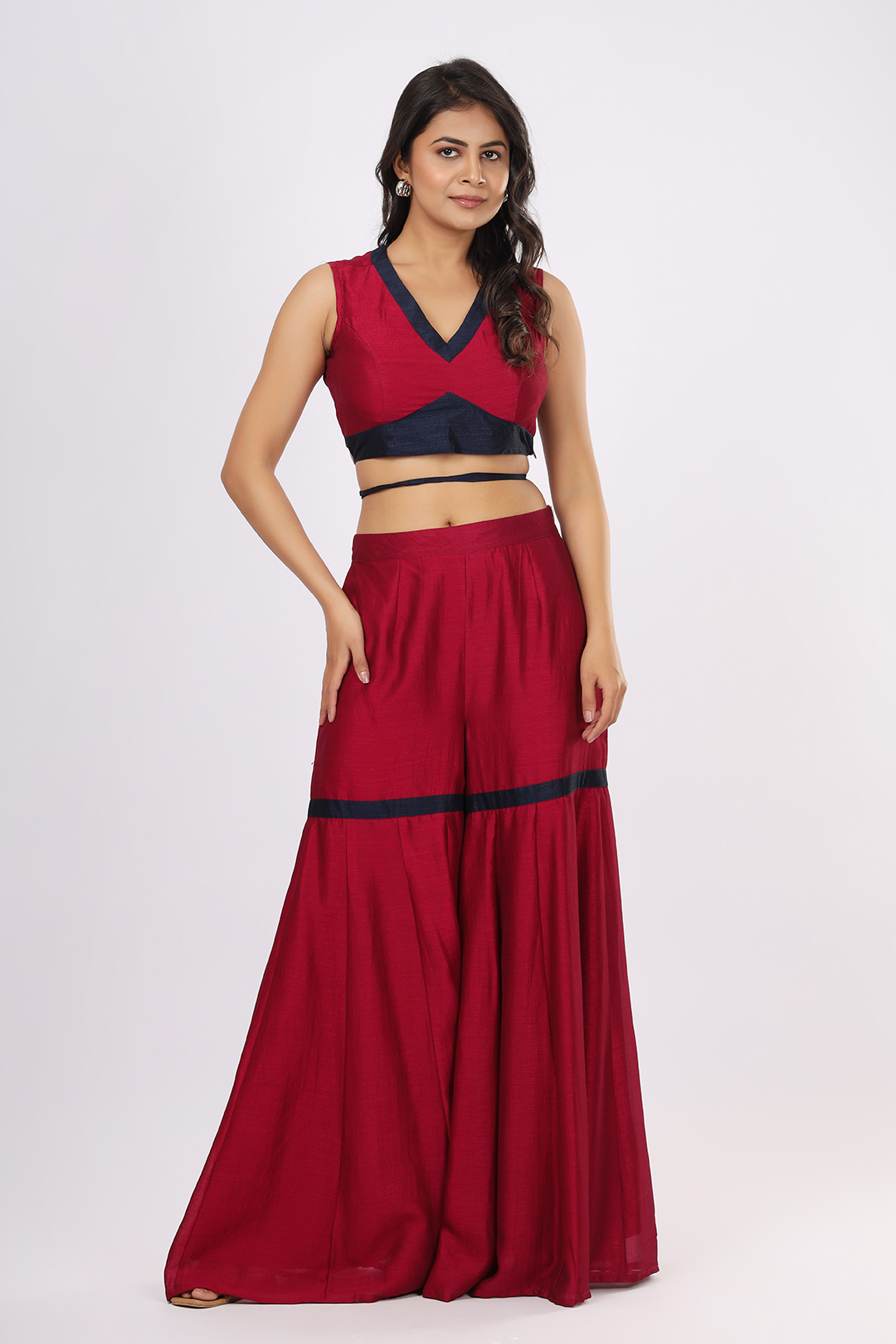 VGlame Women’s Semi-Western Three-Piece Set – Mulberry Purple | V-Neck Crop Top, Flared Palazzo & Long Shrug