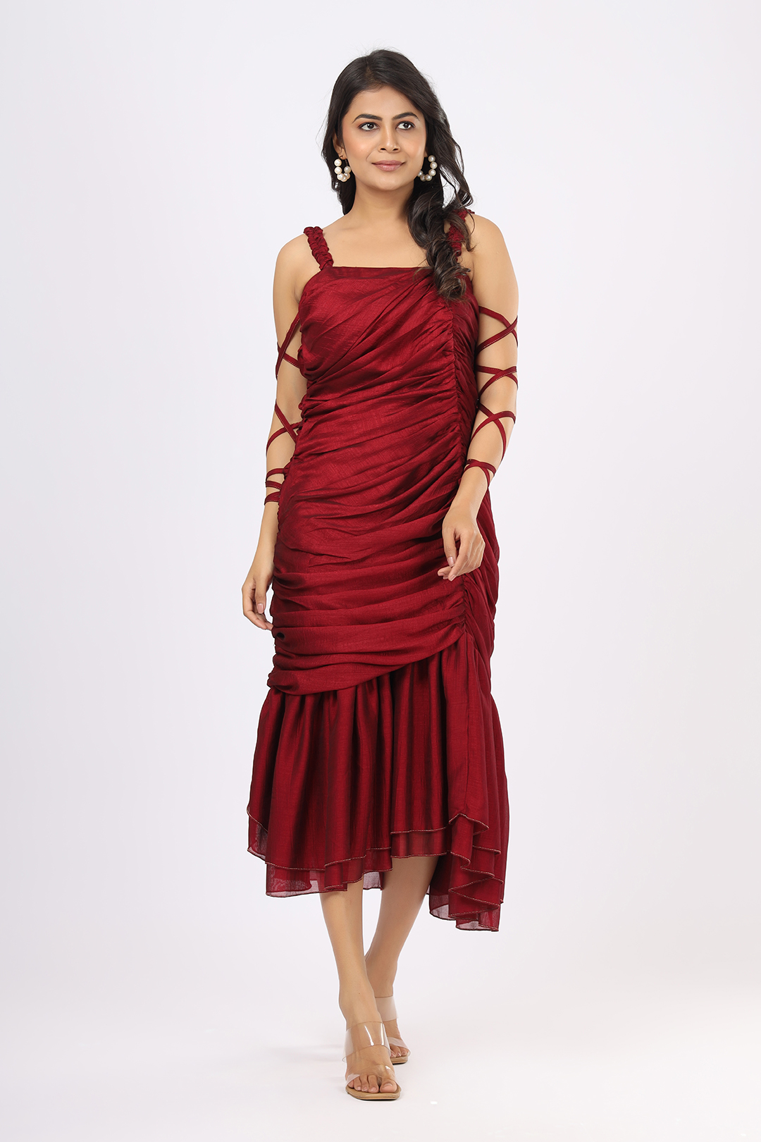 VGlame Women’s Semi-Western One-Piece Cowl Dress – Dark Maroon | Detachable Sleeves & Hand String Detail