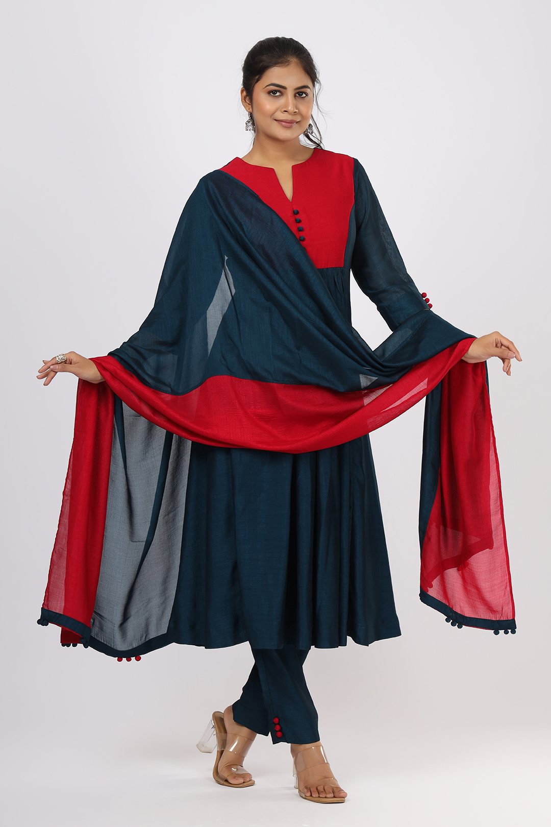 VGlame Women’s Double-Color Kurta Set – Navy Blue & Crimson Pink | Designer Yoke Pattern with Flared Kurti & Contrast Dupatta