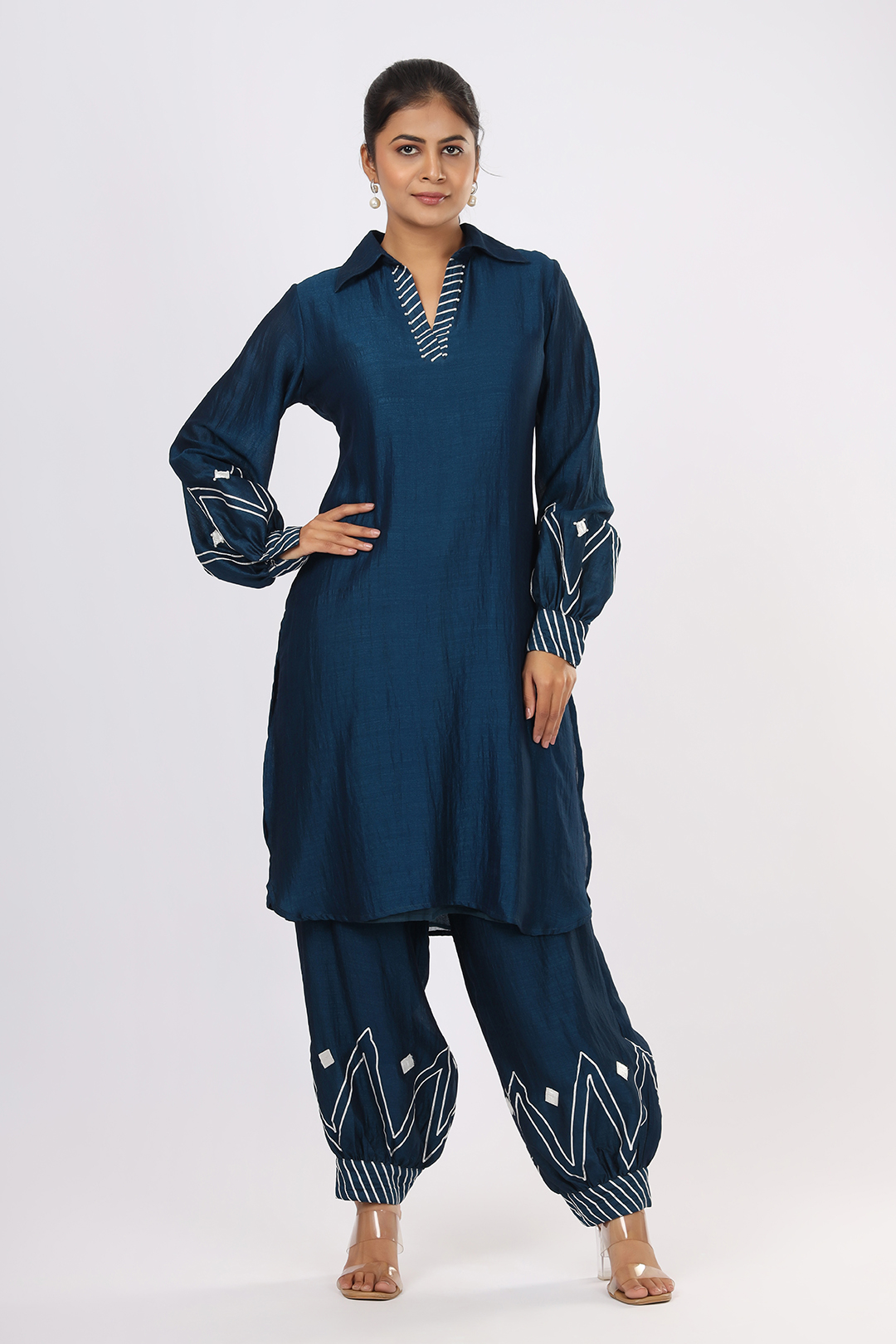 VGlame Women’s Afghani Kurti & Salwar Set – Navy Blue | Elegant VSilk Outfit with Gota Work
