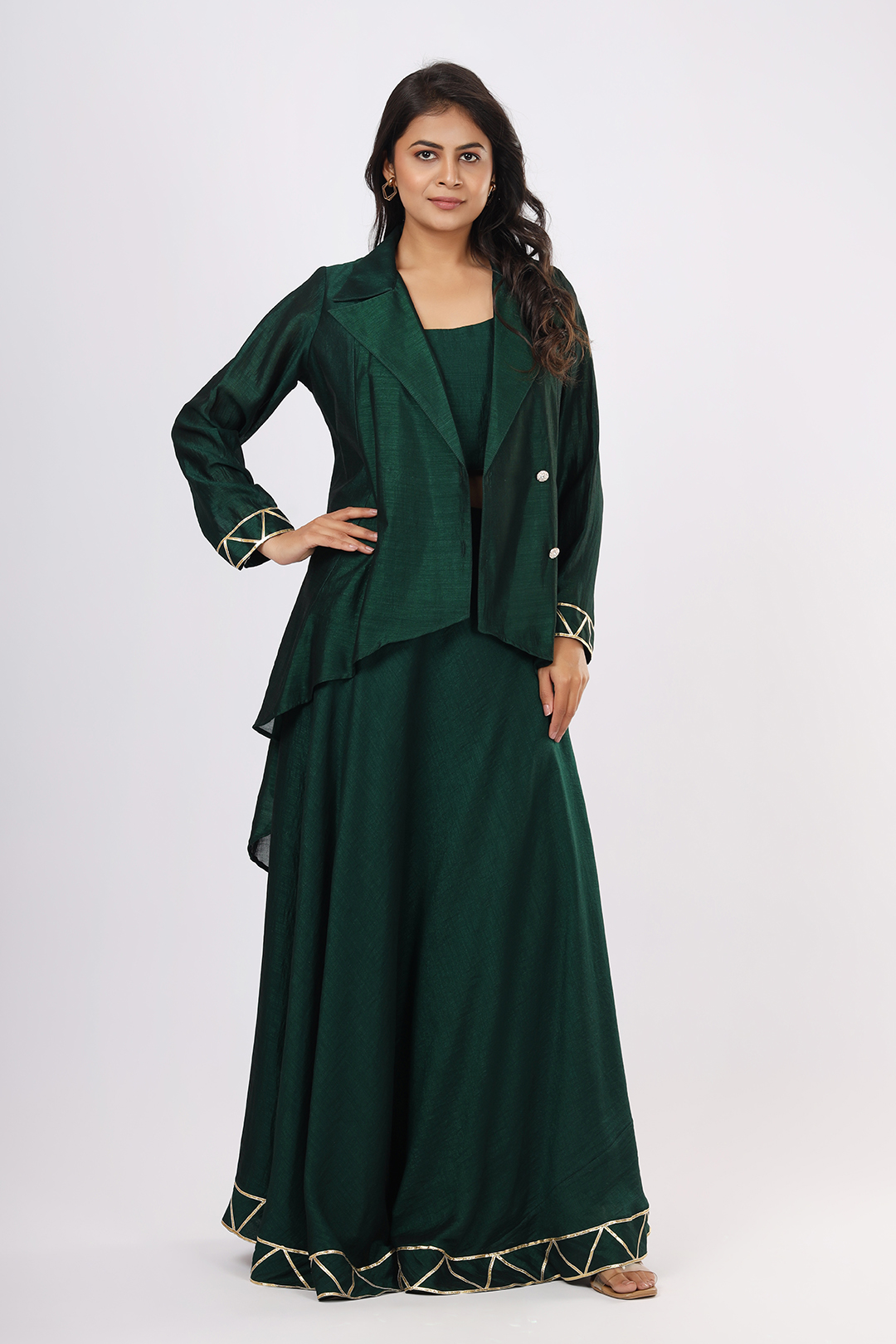 VGlame Women’s Three-Piece Overcoat Set – Bottle Green | Tube Top, Flared Skirt & Gota Work Overcoat