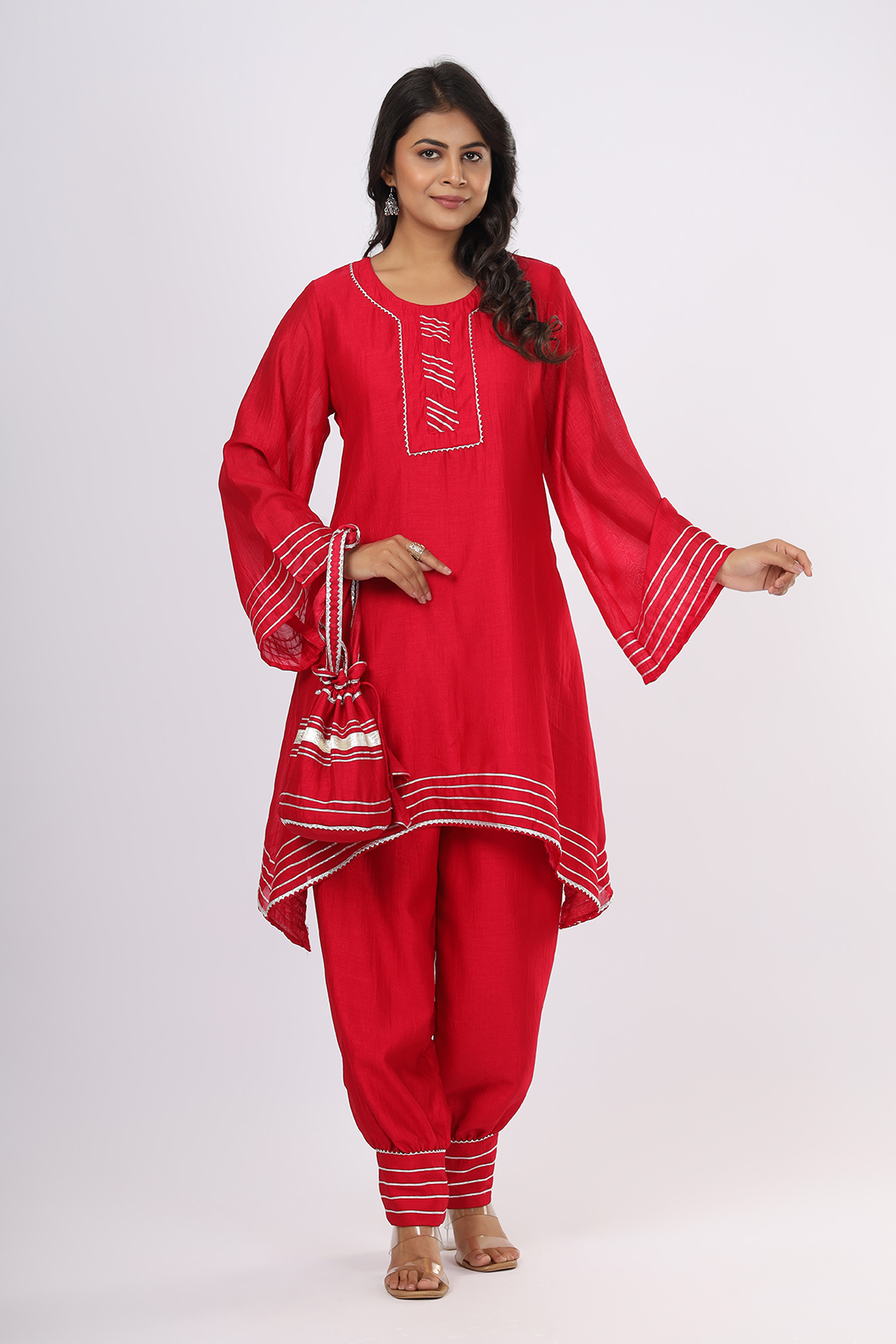 VGlame Women’s Pink VSilk Two-Piece Set – Bell Sleeve Kurta & Salwar with Gota Work