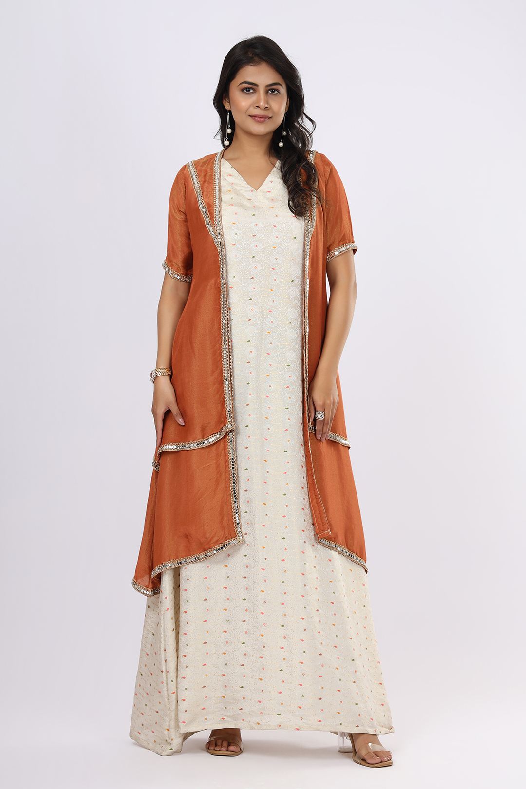 VGlame Women’s Double-Color Shimmer Set – Copper & Off-White | Layered Shrug with Mirror Lace & V-Neck A-Line Dress