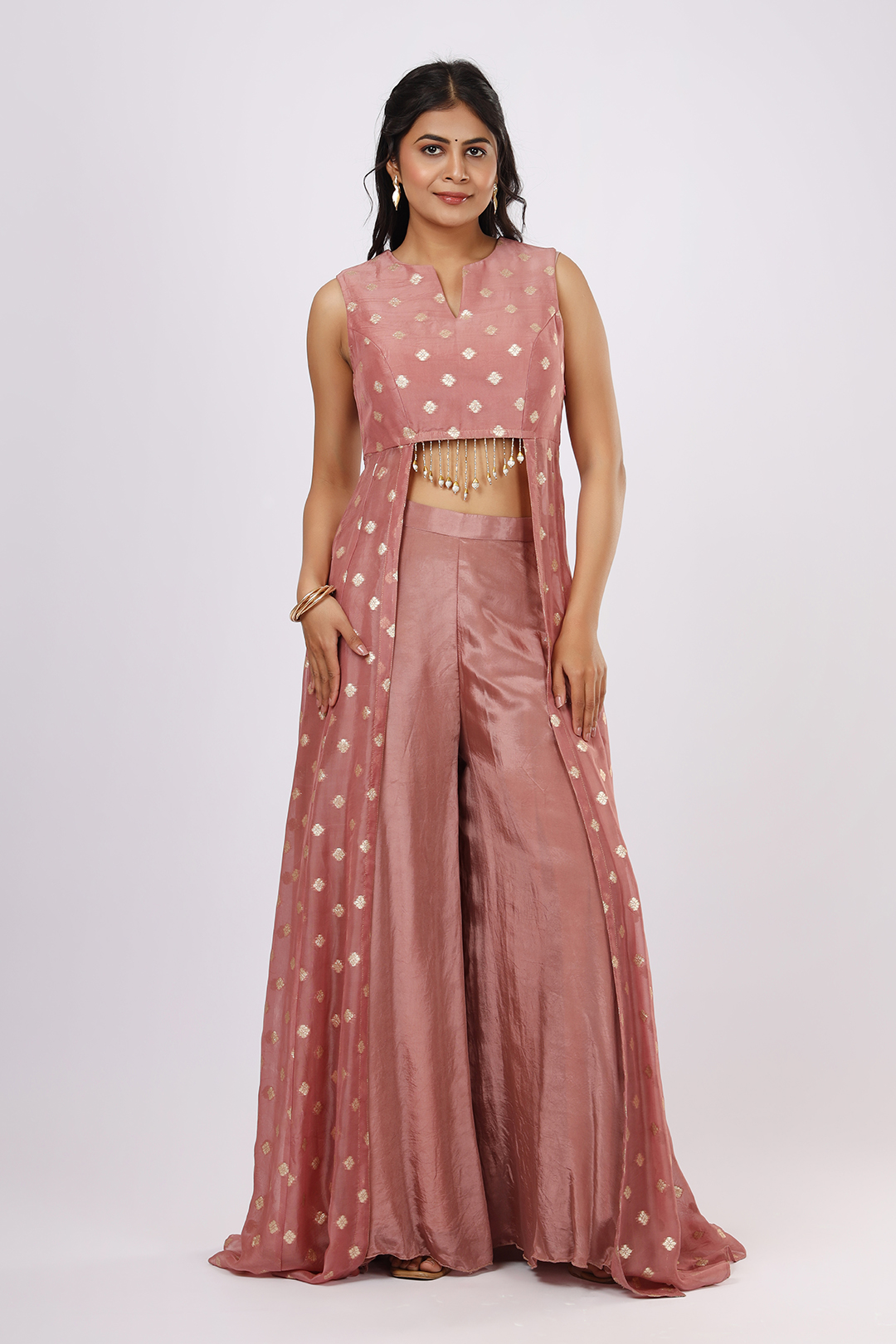VGlame Women’s Dusty Pink Two-Piece Set – Sleeveless Kurti & Wide-Leg Palazzo | HO Silk & Organza with Zari Motif