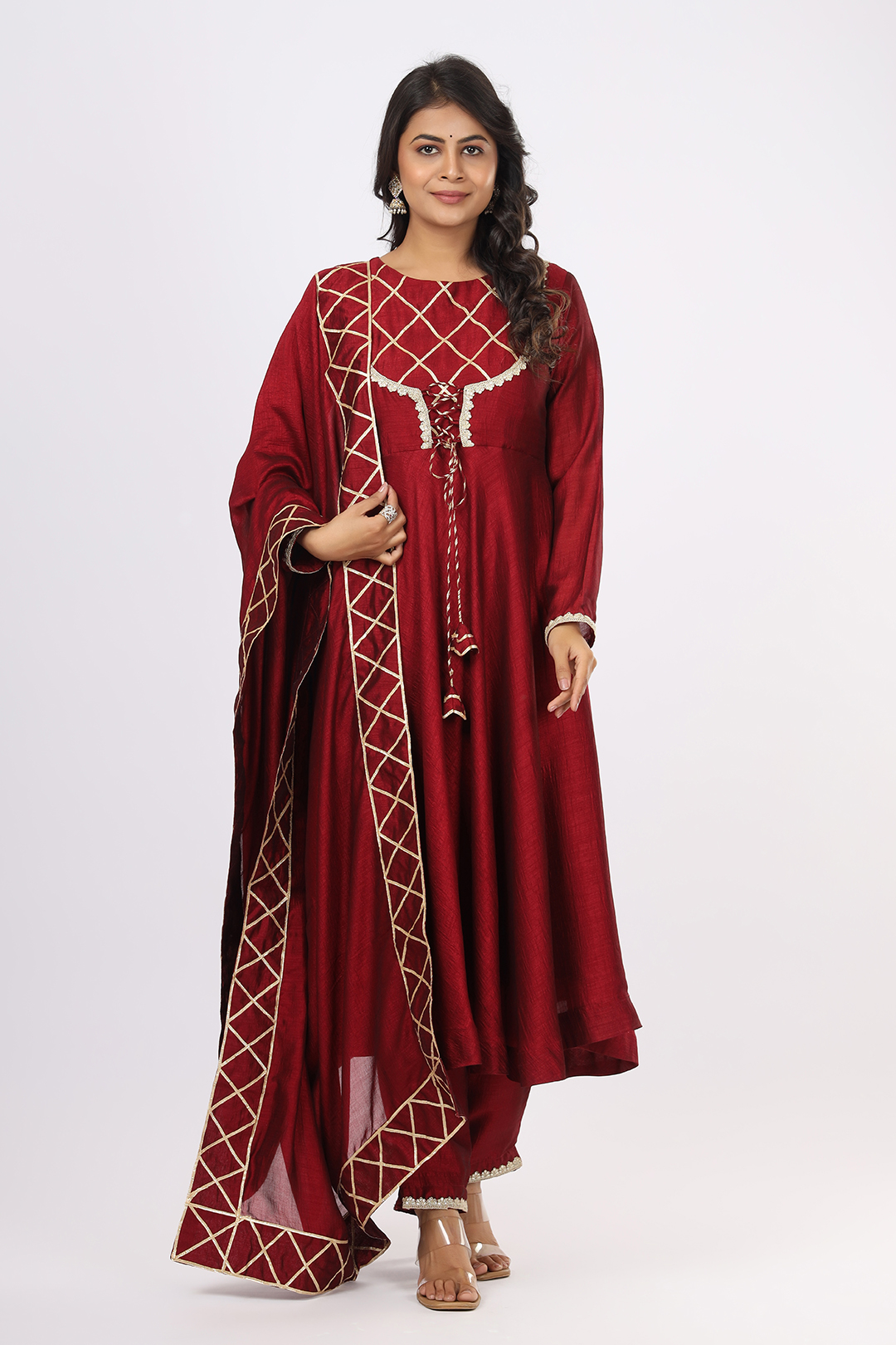 VGlame Women’s Dark Maroon VSilk Kurta Set – Flared Full-Sleeve Kurta with Dupatta & Pants with Gota & Lace Work
