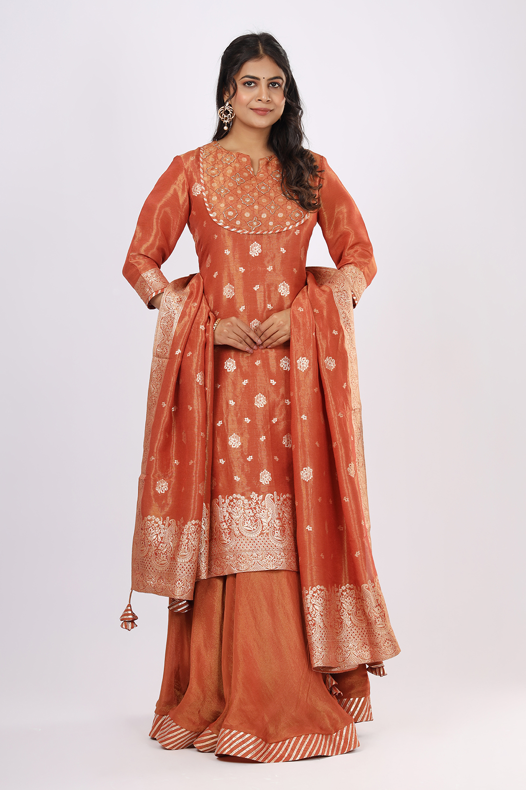 VGlame Women’s Copper Glamour Viscose Set – Kurta with Handwork Yoke, Lehenga & Tassel-Edged Zari Dupatta