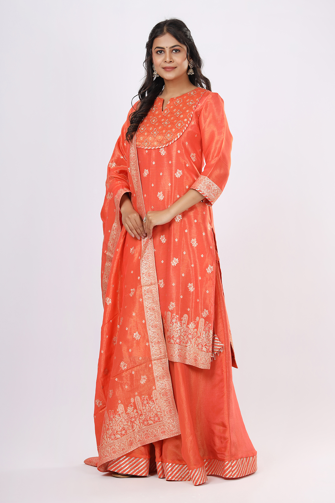 VGlame Women’s Peach Glamour Viscose Set – Kurta with Handwork Yoke, Lehenga & Tassel-Edged Zari Dupatta