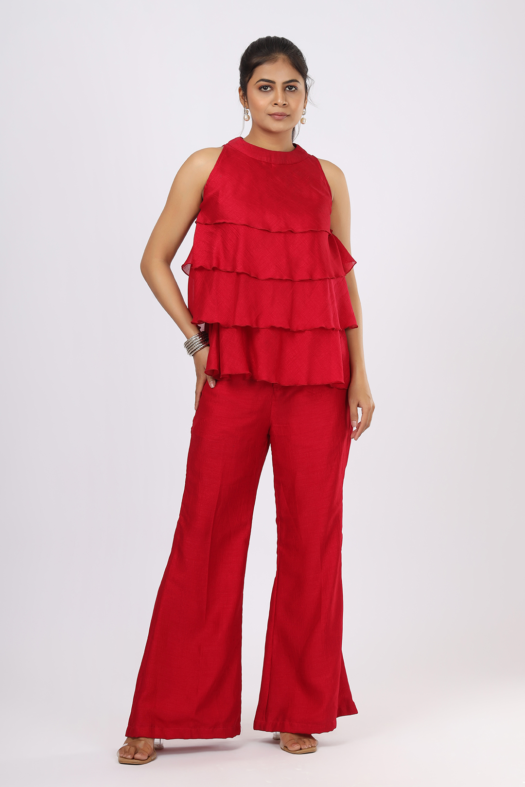 VGlame Women’s Crimson Pink  V Silk Two-Piece Set – Sleeveless Layered Top & Bell-Bottom Pants